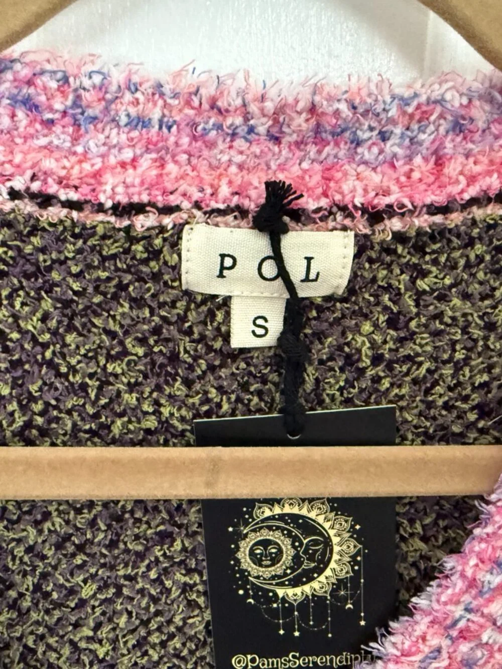 NWT POL Thick Plush Floral Jacquard Cardigan Pink Trim Cropped Cozy Boho Sweater